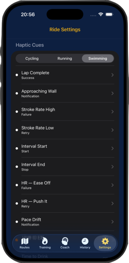 Swimming haptic cues settings